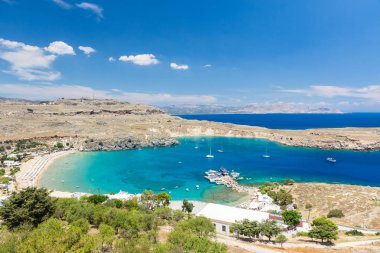 Lindos bay ve plaj Üstten Görünüm