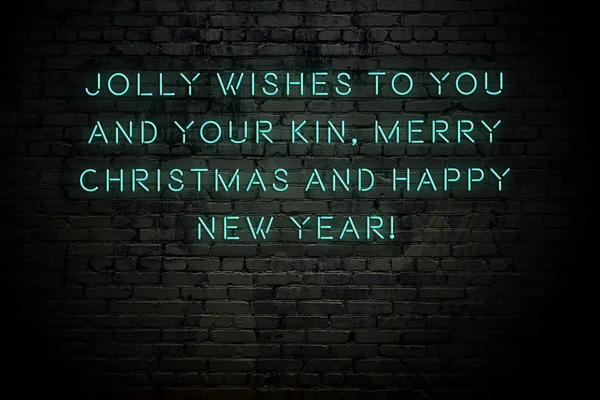 Neon inscription of christmas and new year greetings on brick wall — Stock Photo, Image