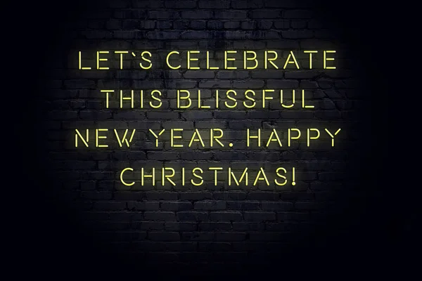 Neon inscription of christmas and new year greetings on brick wall — ストック写真