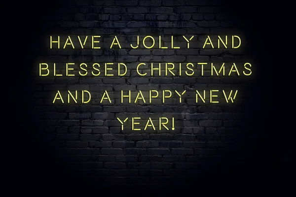 Neon inscription of christmas and new year greetings on brick wall — Stock Photo, Image