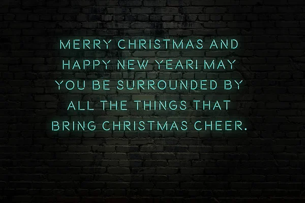 Neon inscription of christmas and new year greetings on brick wall — Stock Photo, Image