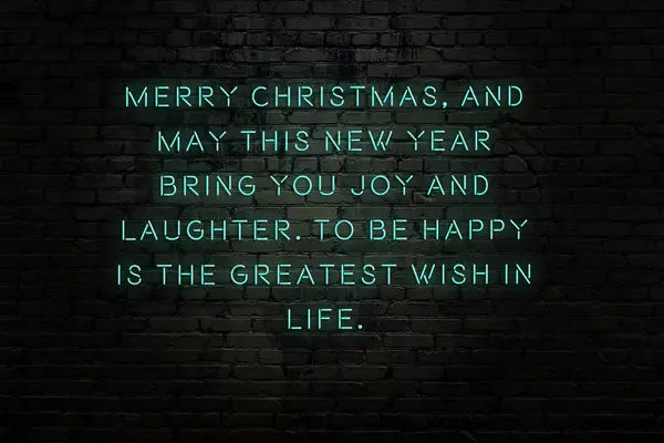 Neon inscription of christmas and new year greetings on brick wall — Stock Photo, Image