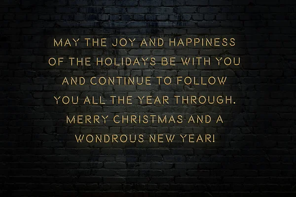 Neon inscription of christmas and new year greetings on brick wall — Stock Photo, Image