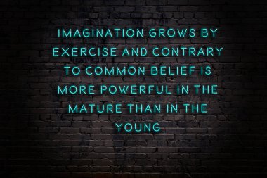 Tuğla duvardaki neon ışığın gece görüşü. Bilge Qoutation. 