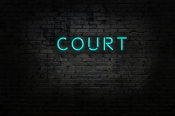 Neon sign with inscription court against brick wall — Stock Photo, Image