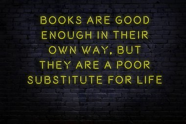 Tuğla duvardaki neon ışığın gece görüşü. Bilge Qoutation. 