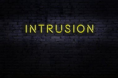 Neon işareti. Tuğla duvara karşı kelime ihlali. Gece görünümü