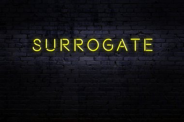 Neon işareti. Tuğla duvara karşı taşıyıcı annelik. Gece görünümü