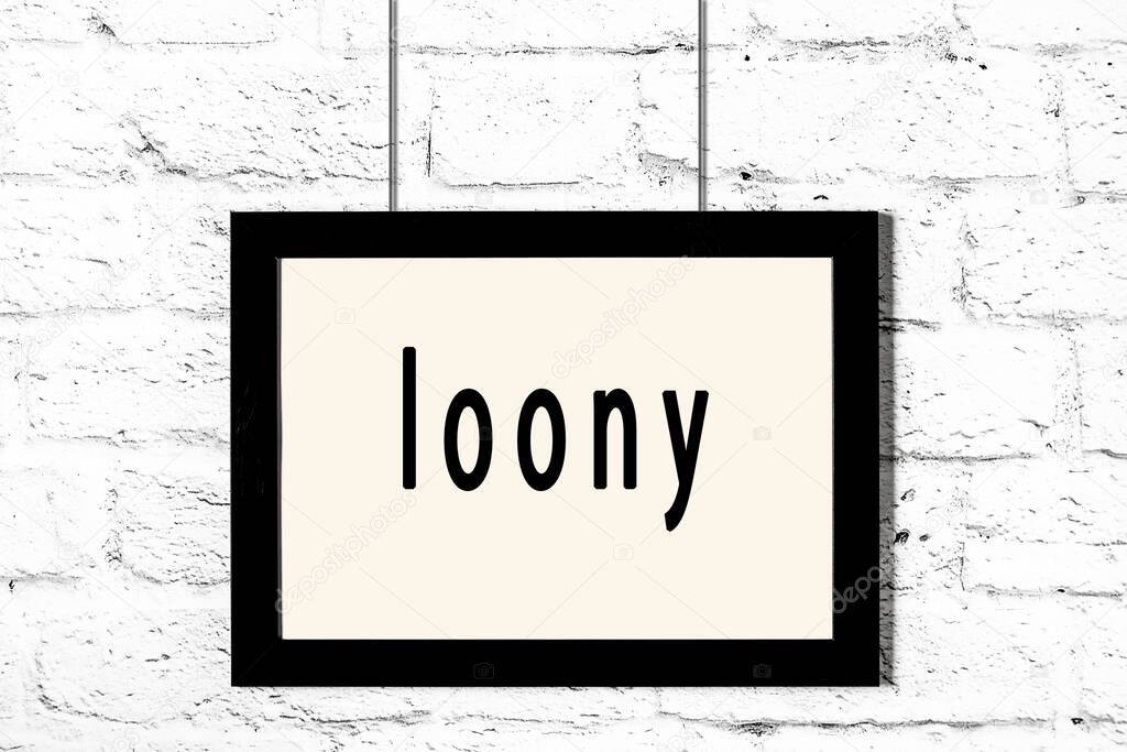 Black frame hanging on white brick wall with inscription loony