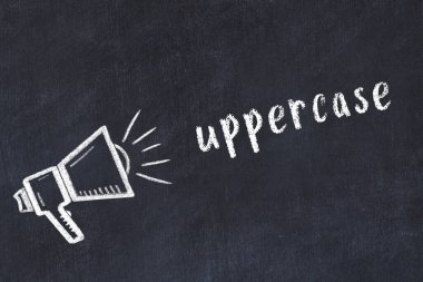 Tebeşir hoparlörü ve siyah karatahtaya yazılan büyük harf