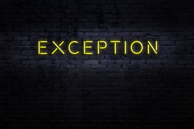 Neon sign. Word exception against brick wall. Night view clipart