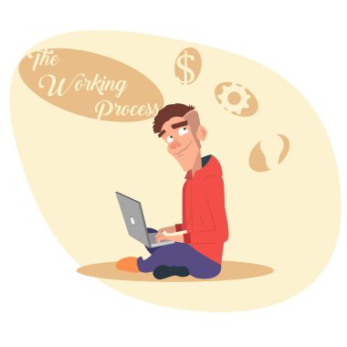 Cartoon man programmer is working coding and programming on his laptop. clipart svg vector 