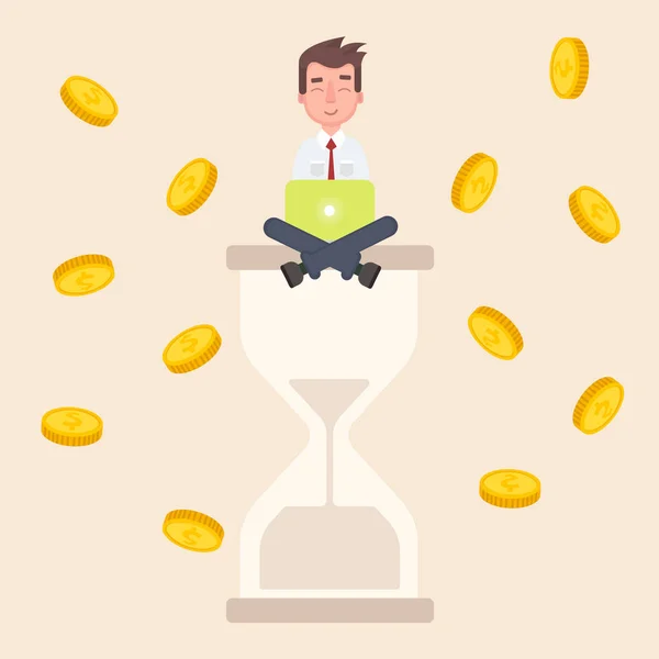 Un homme d'affaires s'assoit sur un sablier et gagne de l'argent . — Image vectorielle