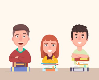 Mutlu grup öğrencileri. Sırt çantaları ve kitaplar neşeli gençlerle.