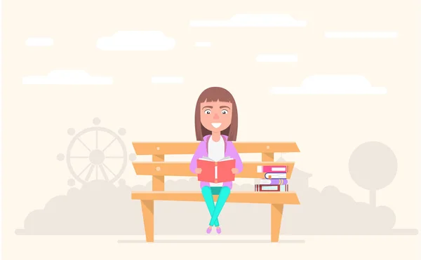 Uma menina se senta em um parque em um banco e lê livros . — Vetor de Stock