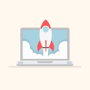 Kavram şablonuyla gerçekçi laptop ve düz çizgi film roket beyaz afiş izole masaüstü ekran dışında uçan iş başlangıç.