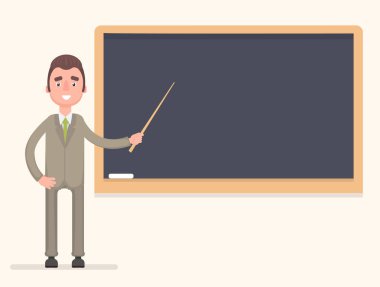 Öğretmen, boş okul yazı tahtası vektör çizim önünde duran Profesör.