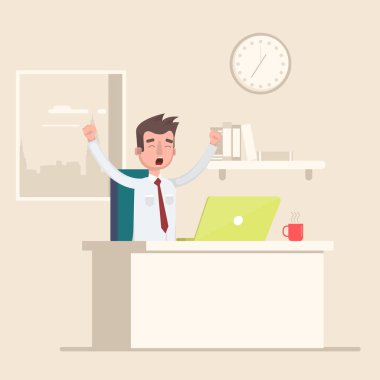 Ofis ve yawns işyerinde bir adam oturuyor.