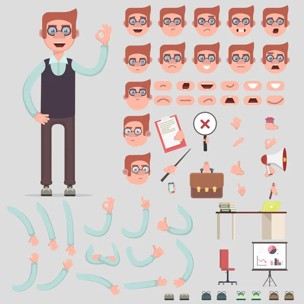 Vector symbool van een man voor het maken van scènes. Creatie van het karakter van een ander soort, emoties van de persoon, lip synchronisatie, houdingen en gebaren. Delen van de Body template voor animatie — Stockvector