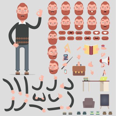 Farklı, insan duyguları, duruş ve jestleri olan genç bir adam için bir karakter oluşturma. Karikatür tarzı, düz vektör çizim.