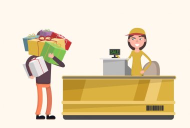 Bir adam bir sürü hediyeler bir mağaza, indirim, siyah Cuma alıyor..