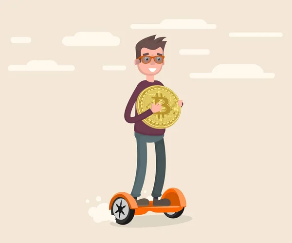 Un gars skateboard sur un gyroscope et tenant une pièce de Bitcoin dans sa main . — Image vectorielle