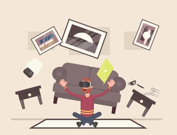 El chico está sentado y jugando en la habitación en realidad virtual. Ilustración vectorial en estilo de dibujos animados — Archivo Imágenes Vectoriales