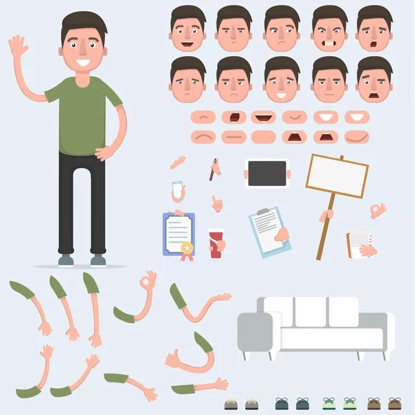 Het creëren van een jonge man met een heleboel verschillende standpunten, emoties, houdingen en bewegingen. Cartoon stijl, platte vectorillustratie. — Stockvector