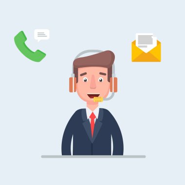 Mutlu adam işleç bir istemci danışmanlık bir kulaklık ile güven. Online global teknik destek 24 7. Operatör ve istemci.