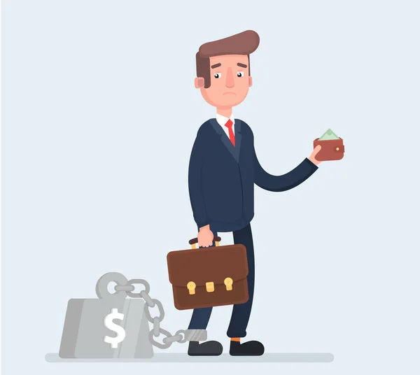 Business man chained to his big heavy debt weight with shackles. — Stock Vector