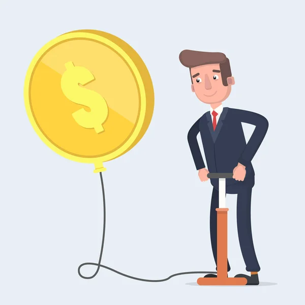 Бізнесмен дме повітряну кулю у формі золотої монети. Знак долара на повітряній кулі . — стоковий вектор