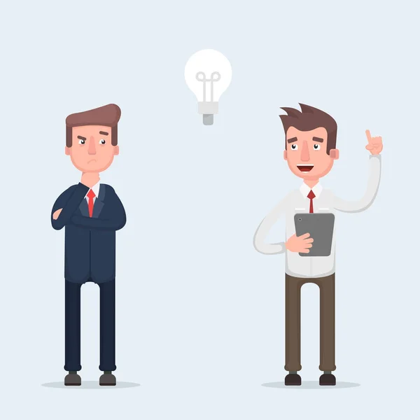 Due uomini d'affari che lavorano insieme. Grande idea sotto forma di una lampadina. Il concetto di lavoro di squadra e brainstorming . — Vettoriale Stock
