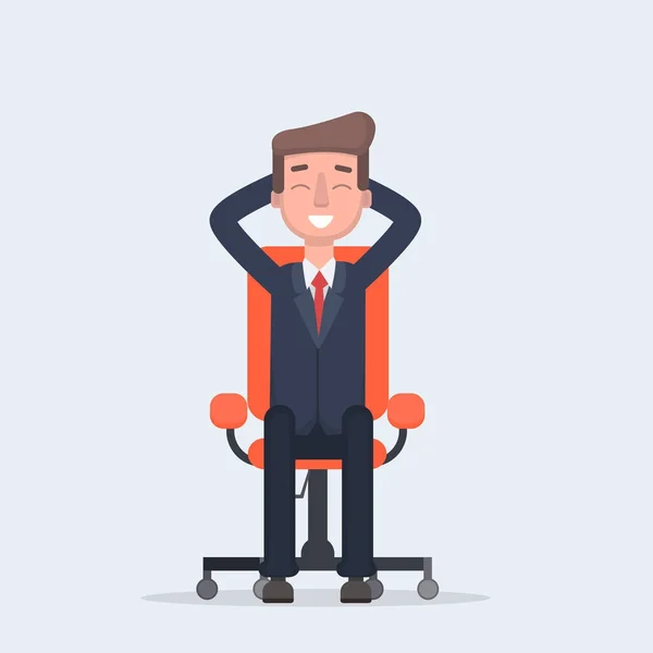 Uomo d'affari seduto con calma su una sedia a rotelle gambe incrociate e mani dietro la testa . — Vettoriale Stock