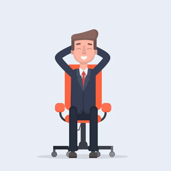 Empresario sentado tranquilamente en una silla ruedas piernas cruzadas y las manos detrás de la cabeza . — Vector de stock