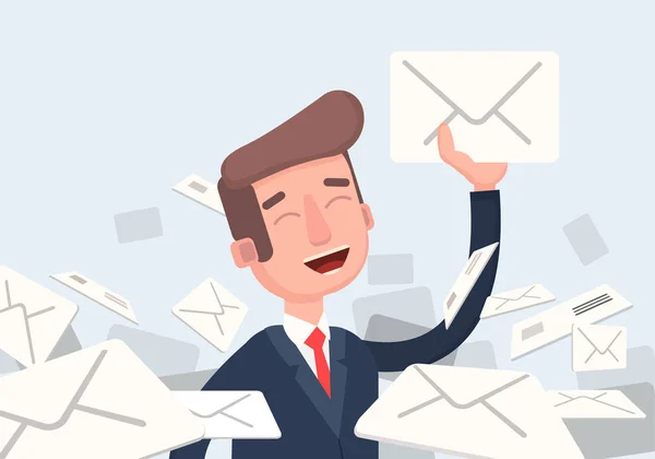 Un homme d'affaires a trouvé la bonne lettre dans une pile de courriels. Beaucoup d'e-mails, spam, publipostage . — Image vectorielle