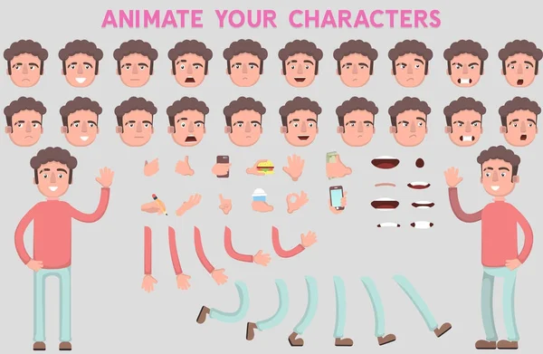 Flat Vector Guy personaje para sus escenas. Creación de personajes con varios puntos de vista, emociones faciales, sincronización de labios y poses. Plantilla de partes del cuerpo para el trabajo de diseño y animación. — Archivo Imágenes Vectoriales