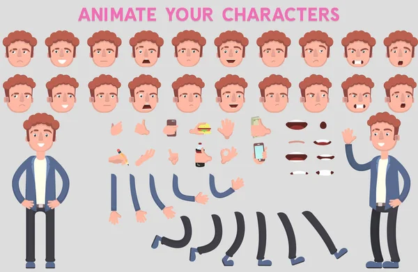 Flat Vector Guy personage voor je scènes. Personage creatie set met verschillende weergaven, gezicht emoties, lip sync en poses. Delen van carrosseriesjabloon voor ontwerp- en animatiewerkzaamheden. — Stockvector