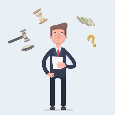 Üzgün kırık işadamı yasal kağıt ya da elinde bill ile ayakta. Cümle veya kovuşturma iş borçları veya fren yasa nedeniyle korkuyor. Kriz iflas kavramı.