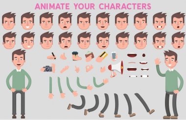 Sahneleriniz için Düz Vektör Adam karakteri. Çeşitli görüşleri, yüz duyguları, dudak senkronizasyonu ve pozları olan karakter oluşturma seti. Tasarım ve animasyon için gövde şablonu parçaları.