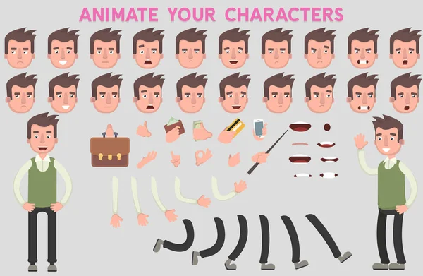 Flat Vector Guy personaje para sus escenas. Creación de personajes con varios puntos de vista, emociones faciales, sincronización de labios y poses. Plantilla de partes del cuerpo para el trabajo de diseño y animación. — Archivo Imágenes Vectoriales