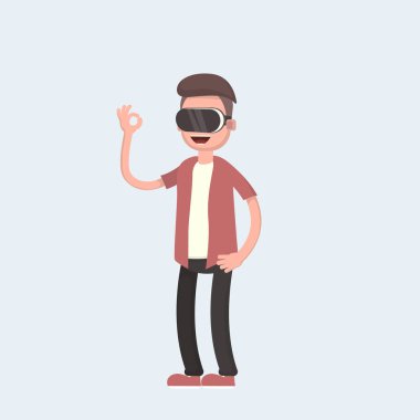 Cool vector concept on virtual reality headset in use. Guy experiences full immersion into virtual reality trying to touch non-physical object. clipart