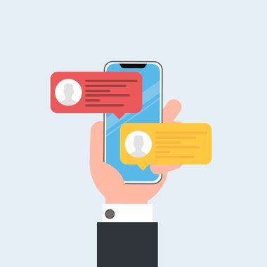 Haber tebliğ üstünde smartphone vektör çizim, düz stil sms kabarcıklar hareket eden telefon ekranında sohbet.