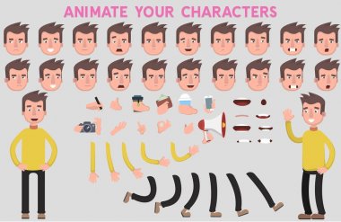 Düz vektör adam karakteri, sahneleri. Çeşitli görünümler, yüz duygular, dudak senkronizasyon ve pozlar ile grubu karakter oluşturma. Tasarım çalışmaları ve animasyon için vücut şablon bölümleri. Vektör çizimi bir 