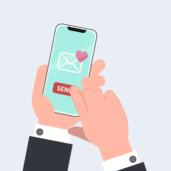 Envoyer ou recevoir des SMS d'amour, lettre, e-mail avec téléphone mobile. Illustration de la Saint Valentin. Main humaine tenir téléphone portable . — Image vectorielle