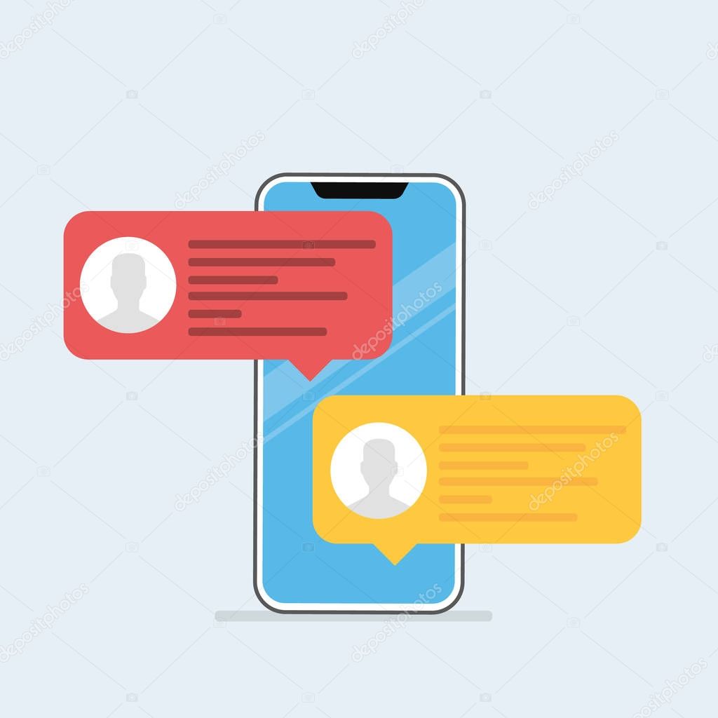 Chat messages notification on smartphone vector illustration, flat cartoon sms bubbles on mobile phone screen.