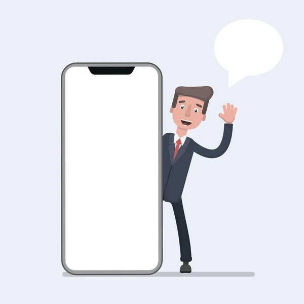 Üzletember mellett nagy szúró telefon-val üres képernyő beszél. Üzleti kommunikáció fogalma. — Stock Vector