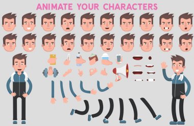 Düz vektör adam karakteri, sahneleri. Çeşitli görünümler, yüz duygular, dudak senkronizasyon ve pozlar ile grubu karakter oluşturma.