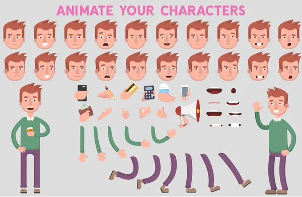 Персонаж Flat Vector Guy для ваших сцен. Набор для создания персонажей с различными представлениями, эмоциями лица, синхронизацией губ и позами . Стоковая Иллюстрация