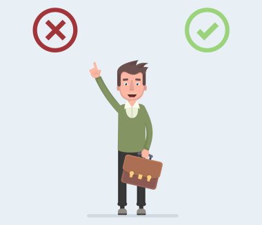 İşadamı yok onay kutularını seçer. Seçimi, işadamı ve kırmızı Hayır kutu. Vektör, illüstrasyon, düz