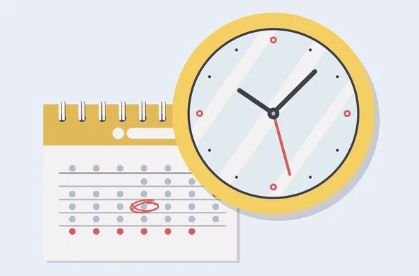 Wandkalender und Uhren aus Papierspirale. Kalenderuhren flaches Symbol. Zeitplan, Termin, Veranstalter, Stundenzettel, Zeitmanagement, wichtiges Datum. — Stockvektor